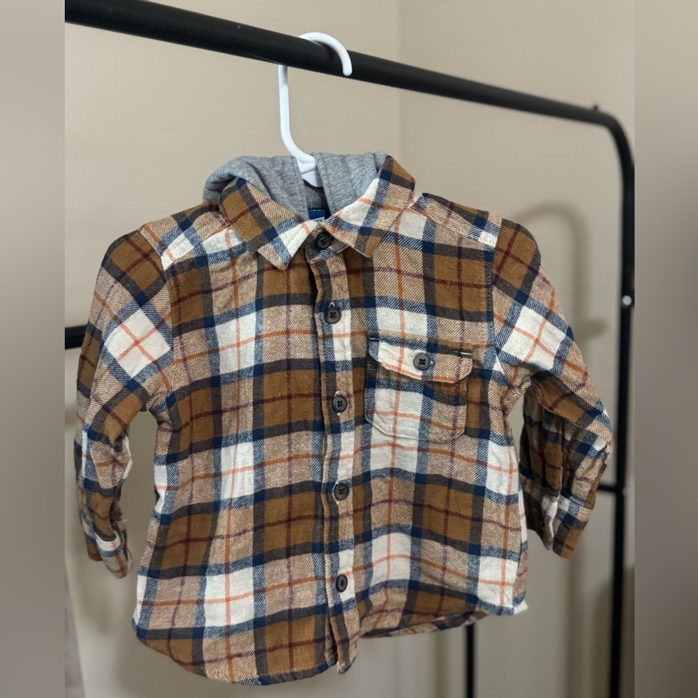 Old Navy Brown Plaid Baby Button Down Shirt with Hood